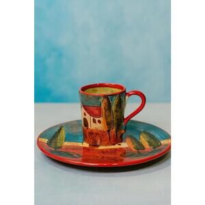 Euro Ceramica Spain 2000s Hand Painted Mediterranean Village Mug Charger Plate